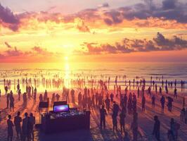 Sunset beach party with DJ and lively crowd at seaside photo
