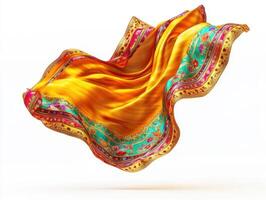 Colorful silk fabric floating in the air with intricate patterns photo