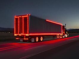 Truck illuminated with red lights on a highway at dusk photo