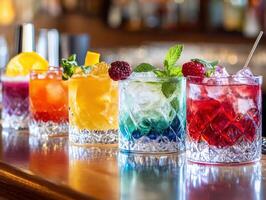 Vibrant cocktails on a bar counter at an evening gathering photo