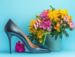 Elegant black high heel beside vibrant bouquet on blue background photo
