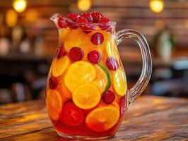 Refreshing fruit beverage served in a clear pitcher photo