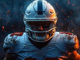 Intense football player stands ready for action with determined gaze photo
