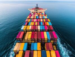 Container ship navigating through calm ocean waters during daylight photo