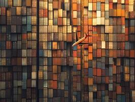 Airplane flying above a colorful shipping container yard photo