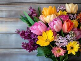Colorful spring bouquet with tulips and daisies on wooden background photo