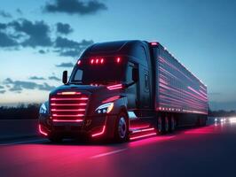 Sleek truck illuminated by neon lights at dusk on the highway photo