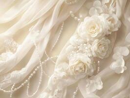 Elegant white roses and lace adorned with pearls on soft fabric photo