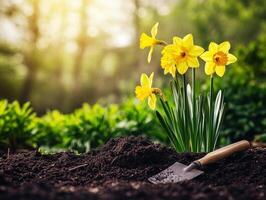 Daffodils bloom in spring garden with gardening tools nearby photo