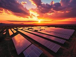 Sunset over solar panels in a desert landscape creating clean energy photo