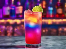 Colorful cocktail served at a vibrant bar in the evening photo