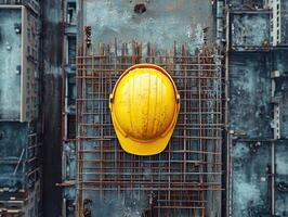 Safety helmet rests on construction site during building work photo