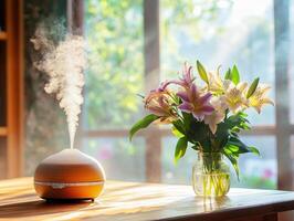 Essential oil diffuser and fresh flowers in a sunlit room photo