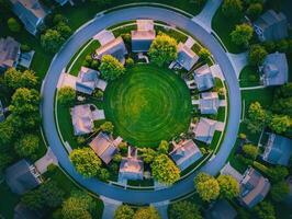 Aerial view of a suburban neighborhood with circular layout photo