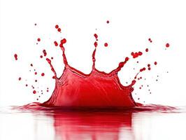 Red liquid splash creating dynamic water droplets in still background photo