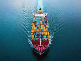 Colorful cargo ship navigating through calm waters photo