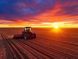 Sunset farming with a tractor in the fields photo