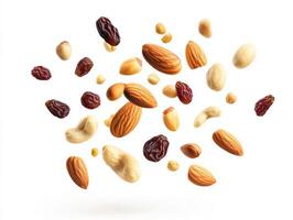 Healthy assortment of nuts and dried fruits floating mid-air photo