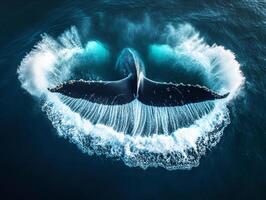 Humpback whale gracefully breaching and creating splashes in ocean photo