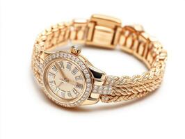 Elegant gold watch with diamond accents on a braided band photo