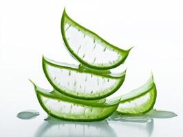 Fresh aloe vera leaves stacked neatly on a reflective surface photo