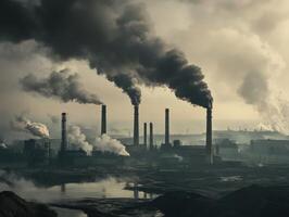 Industrial landscape with smoke rising from factory chimneys photo