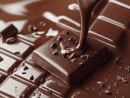 Melting chocolate pouring over bar with cocoa bits and texture photo