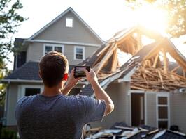 Man records damage to house after storm in residential area photo