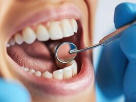 Dentist examines patient's teeth with dental tools in clinic photo