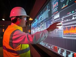 Engineer analyzes data trends on large display in high-tech office photo