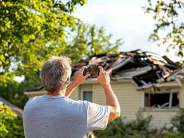 Man taking pictures of damaged house after storm in afternoon light photo