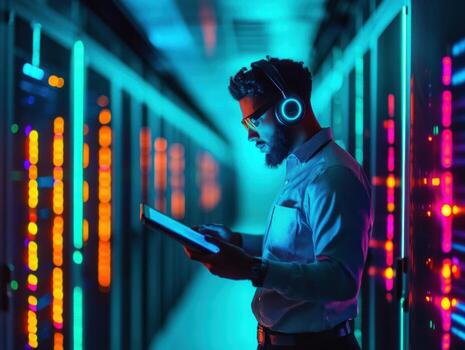 hombre en un datos centrar análisis información en un tableta a noche foto