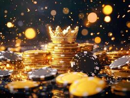 Crown atop stacked chips sparkles in casino atmosphere photo