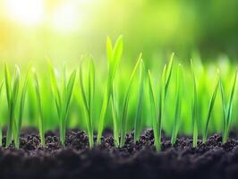 Green grass sprouts emerging from dark soil in bright sunlight photo