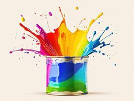 Colorful paint splashes from a can create a vibrant display photo