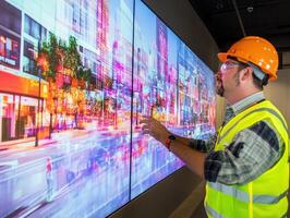 Engineer analyzes urban landscape on large digital display photo