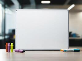 Blank whiteboard with markers on a wooden table in an office photo