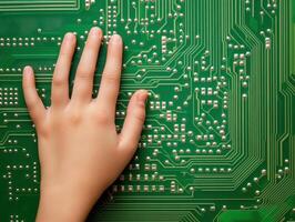 Exploring a circuit board with a human hand in a close-up view photo