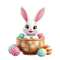 A cute white rabbit is sitting in a bowl with colorful eggs png