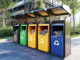 Recycling bins in various colors are positioned in a city park photo