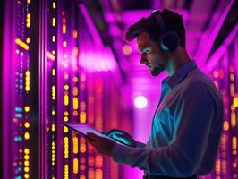 Technician monitors server performance in colorful data center photo