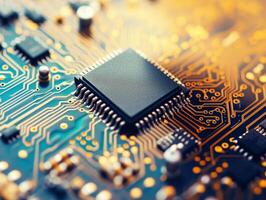 Close-up view of a microchip on a circuit board in a laboratory photo