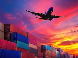 Airplane flies over shipping containers at sunset photo