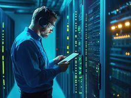 Data center technician monitors server operations during night shift photo