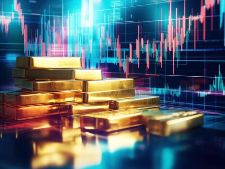 Financial market analysis with gold bars and digital graphs photo