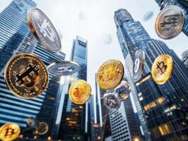Cryptocurrency coins float in urban skyline over tall buildings photo