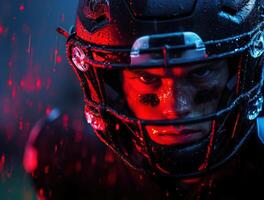 Intense football player in rain during night practice session photo