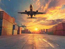 Airplane landing at dusk over shipping containers in a port photo