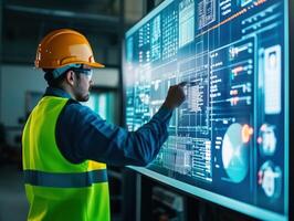 Engineer interacts with digital display in modern facility photo