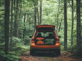 View of an orange car parked in a green forest during daytime photo